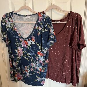 Maurices Navy Floral and Brown Polka Dot Short Sleeve Tops